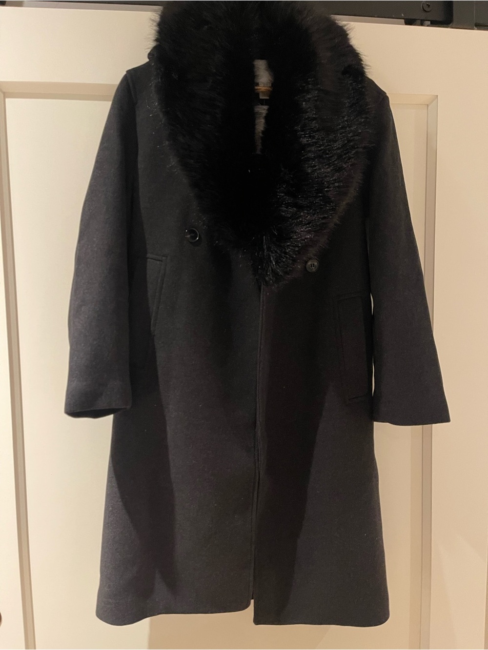 NWT H&M Black Wool-Blend Coat with Faux Fur Shawl Collar XXSmall